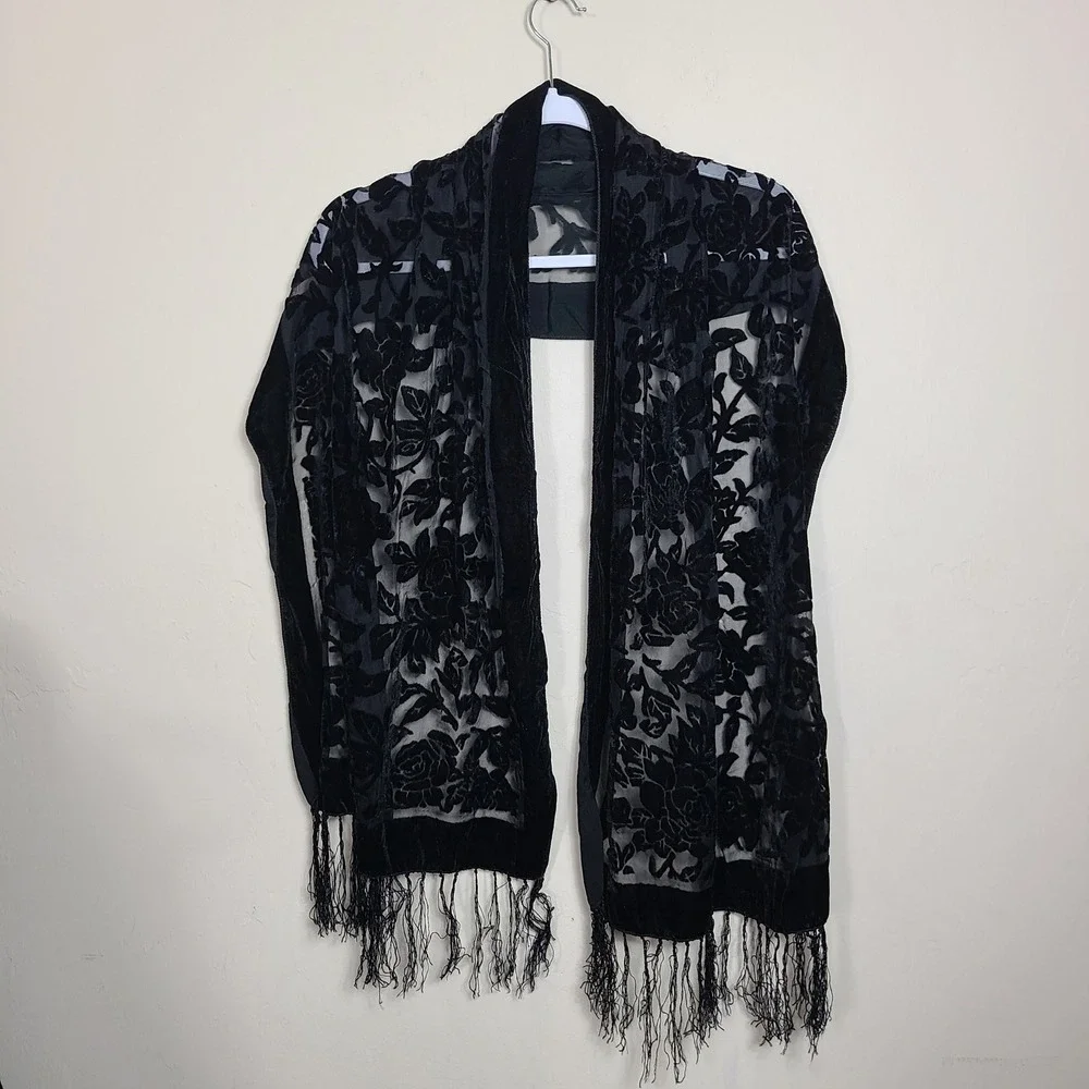 Black‎ Floral Velvet Burnout Scarf Fringe Winter Whimsigoth Fairy Grunge Goth